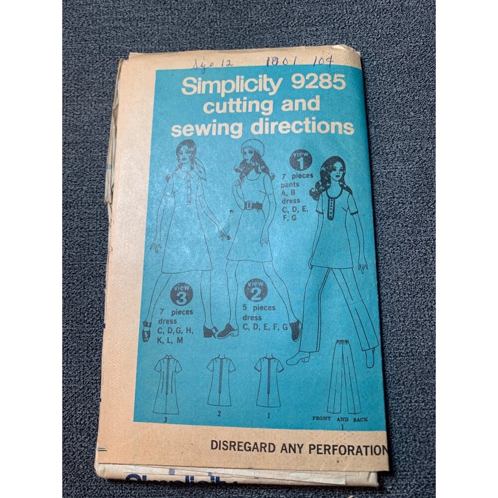 Simplicity 9285 Vintage Sewing Pattern Miss Size 12 Dress Pants 1970s uncut